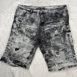 Rock Salt Mens 50 Acid Wash Moto Distressed Denim Jean Shorts Grey Y2K